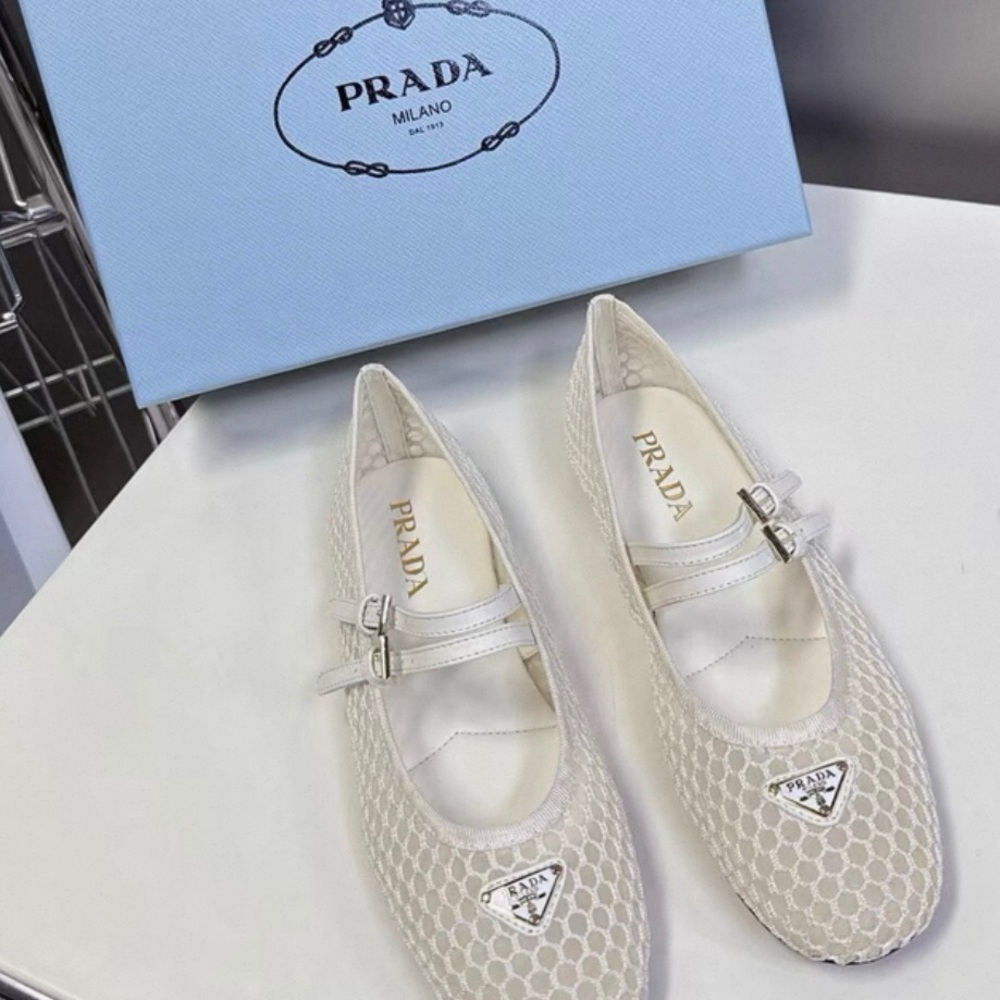 Prada Cream Lace-Pattern Mary Jane Flats with Logo Plaque